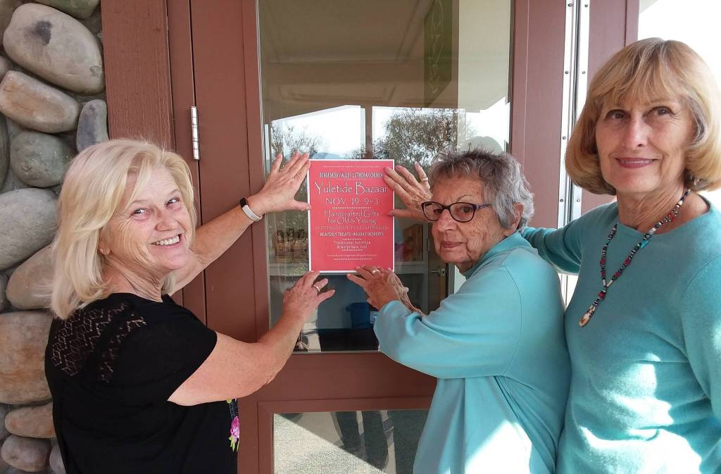 Submitted photo / From left, Carol Pope of Sequim and Sue Pierce and Candice Olsen, both of Port Angeles, are among the two dozen women preparing for Dungeness Valley Lutheran Churchs Yuletide Bazaar Nov. 19.