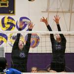 Sequim Gazette photo by Michael Dashiell / Sequims Sammie Bacon, left, and Kendall Hastings look to block a shot by Bremertons Cora Taylor in the Wolves three-set home win on Sept. 29.