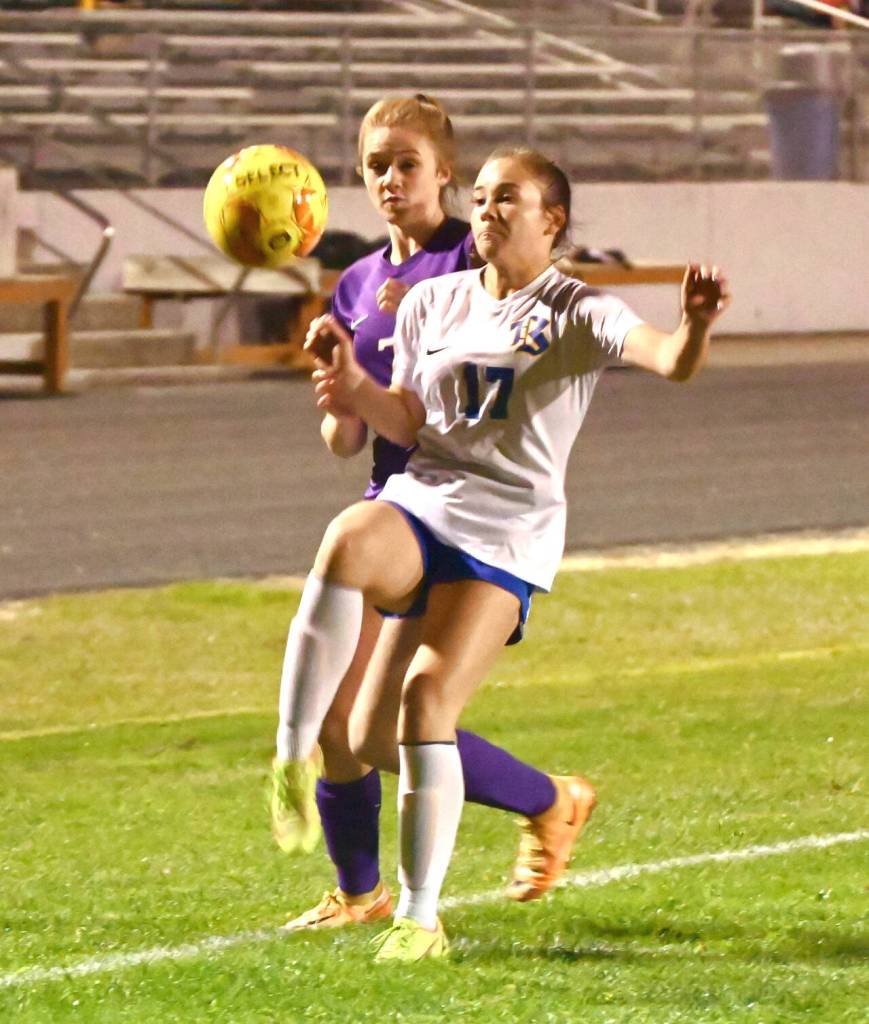 Sequim Gazette photo by Michael Dashiell / Sequims Eve Breithaupt, left, and Bremertons Sophia Lopeman vie for the ball in the second half of a 4-0 Sequim win on Sept. 29.