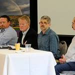 Sequim Gazette photo by Matthew Nash/ Clallam County commissioners, second from left, Randy Johnson, Mark Ozias, and Bill Peach, along with Mark Lane, Clallam County chief financial officer, on left, speak during the Sequim-Dungeness Valley Chamber of Commerce luncheon on Sept. 27. They touched on the varying 2023 budget, capital projects and general needs of residents.