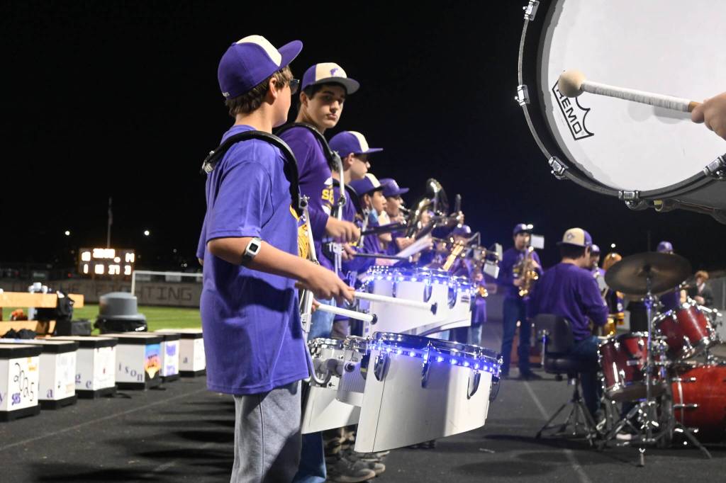 Sequim Gazette photo by Michael Dashiell / Sequim High School band members entertains the crowd at the 2022 Homecoming football game on Sept. 30.