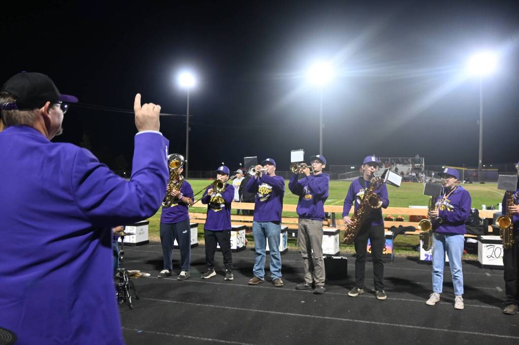 Sequim Gazette photo by Michael Dashiell / Sequim High School band members entertains the crowd at the 2022 Homecoming football game on Sept. 30.