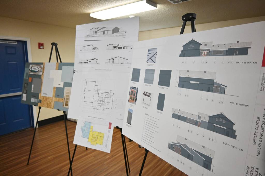 Sequim Gazette photo by Michael Dashiell/ Schematics for the Shipley Centers Health & Wellness Annex by Dungeness Design show how the project will look. Its currently in the City of Sequims Design Review Process, and center leaders hope to secure another $500,000-plus to pay the remainder needed to build.