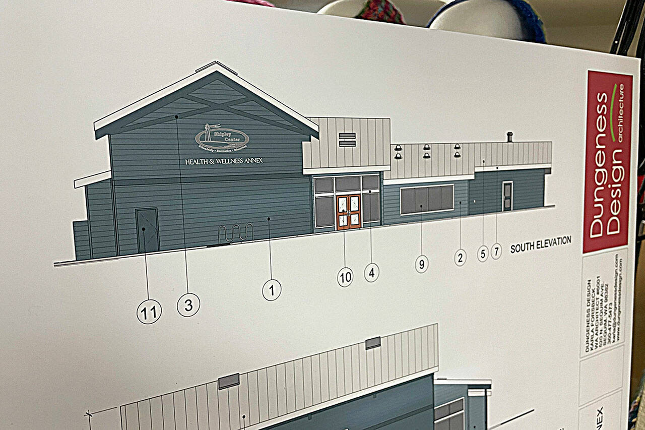 Sequim Gazette photo by Matthew Nash/ Schematics for the Shipley Centers Health & Wellness Annex by Dungeness Design show how the project will look. Its currently in the City of Sequims Design Review Process, and center leaders hope to secure another $500,000-plus to pay the remainder needed to build.