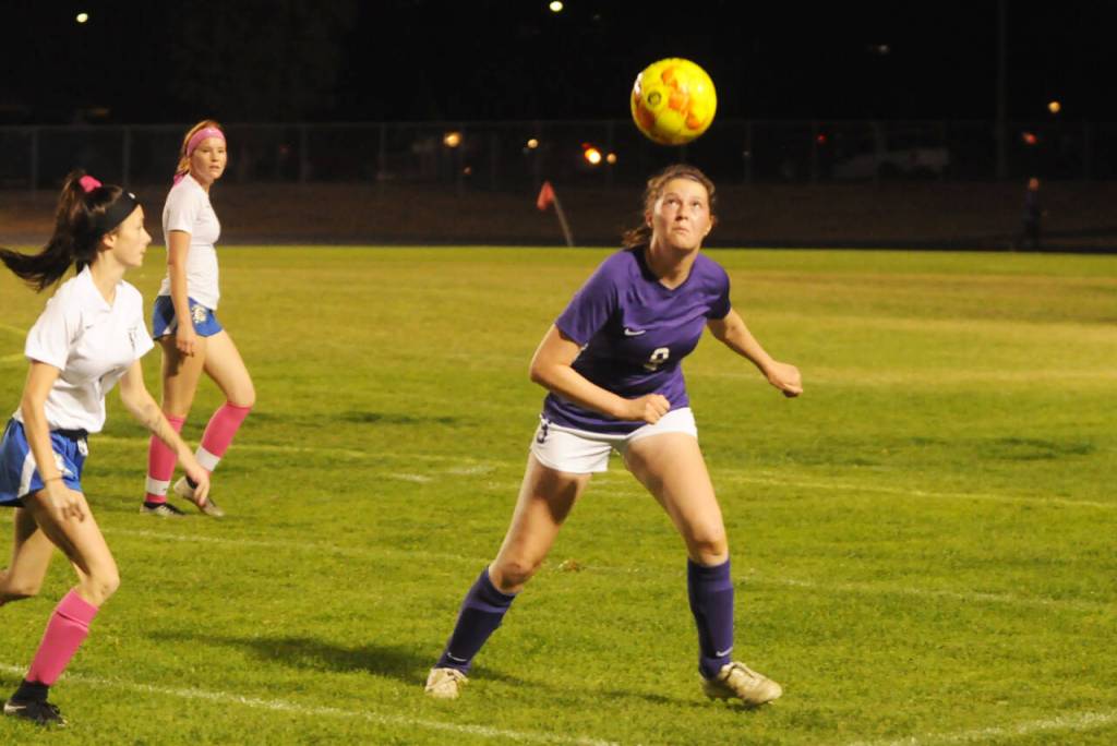 Sequim Gazette photo by Michael Dashiell / Sequims Libby Turella gets her head on the ball in the first half of the Wolves 11-1 rout of North Mason on Oct. 6.