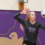 Sequim Gazette photo by Michael Dashiell / Sequims Jolene Vaara serves in the fourth and final set of Sequims four-set win over North Mason on Sept. 6.