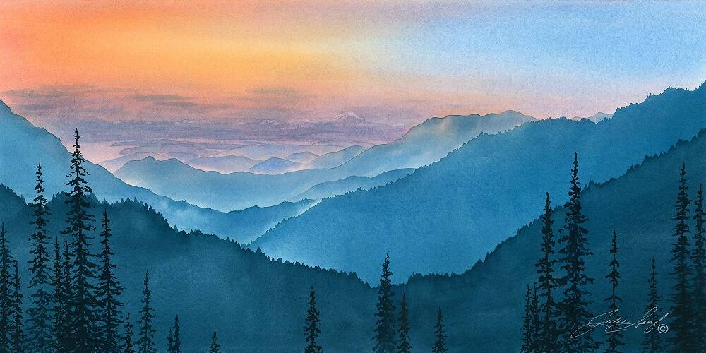 Submitted art / Sunrise Peak at Sunset by Julie Senf, a featured artist this November at Blue Whole Gallery.