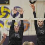 Sequim Gazette photo by Michael Dashiell
Sequims Sammie Bacon, left, and Kendall Hastings try to block a Port Angeles volley in the Wolves 3-1 win over their rivals on Oct. 11.