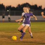 Sequim Gazette photo by Michael Dashiell / Sequims Teagen Moore looks for a teammate as Port Angeles Becca Manson gives chase in a 3-2 PA win in Sequim on Oct. 11.