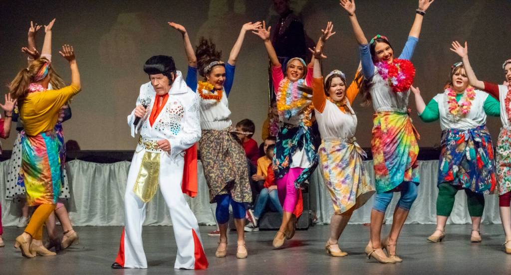 Sequim Gazette photo by Emily Matthiessen / Dancers/singers back Bud Davies Pharaoh in a dress rehearsal for this months Joseph and the Amazing Technicolor Dreamcoat.