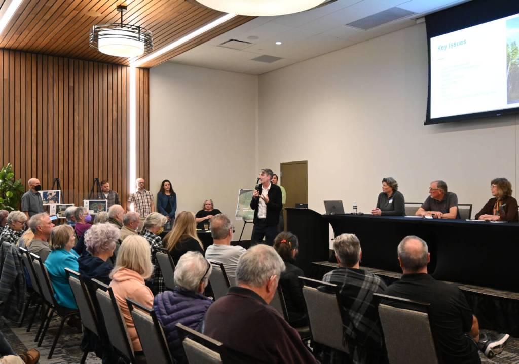 Sequim Gazette photo by Michael Dashiell / At left, Michael Hankinson, a parks planner with Washington State Parks and Recreation Commission, speaks at an Oct. 8 public meeting regarding development of Miller Peninsula State Park. Pictured, from left, are: Diana Dupuis, Washington State Parks and Recreation Commission director; and State Parks commissioners Ken Bounds and Holly Williams.