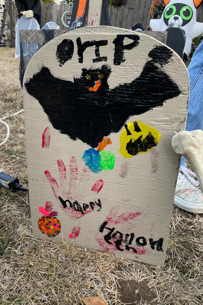 Sequim Gazette photo by Matthew Nash/ Each year, the Lomker/Kester family decorates new gravestones for their yard. This was the first made by daughter Abby Vogel.
