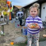 Sequim Gazette photo by Matthew Nash
Holding one of many hand painted pumpkins, 2-and-a-half-year-old Parker Lomker stands beside her downtown Sequim yard where decorations are placed everywhere for Halloween. The family will set up lights, smoke and music on Halloween for trick-or-treaters at their home on the 200 block of West Prairie Street.