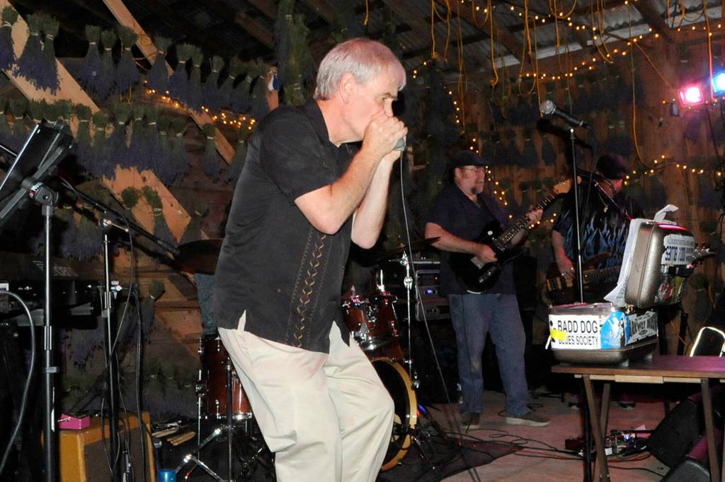 Sequim Gazette photo by Matthew Nash/ The Soulshakers Blues Band with Ted Hennessy on harmonica, Mike Pace on guitar, and Gordon Bowlby on bass, along with Terry Smith on drums and Dawn Martin on keys, not pictured, finish their first set at Victors Barn Dance to a full crowd on July 16.