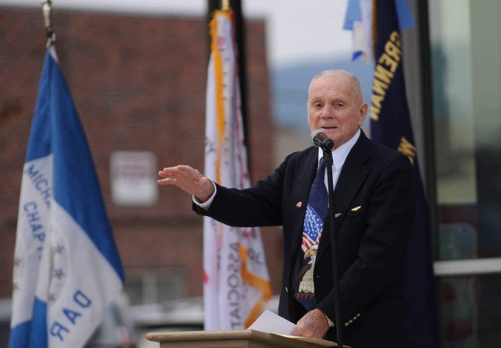Sequim Gazette photo by Michael Dashiell / Col. Tom Johnson (U.S. Marine Corps, ret.) of Sequim speaks to a Veterans Day Ceremony audience at the Sequim Civic Center plaza on Nov. 11.