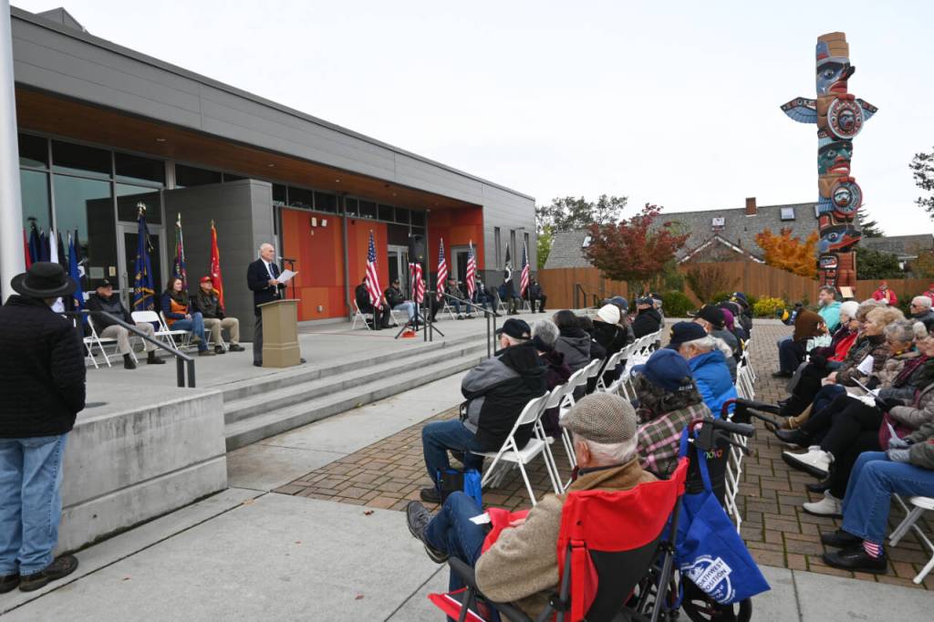 Sequim Gazette photo by Michael Dashiell / Col. Tom Johnson (U.S. Marine Corps, ret.) of Sequim speaks to a Veterans Day Ceremony audience at the Sequim Civic Center plaza on Nov. 11.