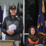 Sequim Gazette photo by Michael Dashiell / Event organizer Tom Coonelly (U.S. Army, ret.) speaks at Friday mornings Veterans Day Ceremony, held at the Sequim Civic Center plaza.