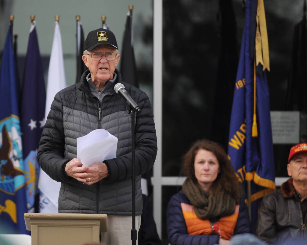 Sequim Gazette photo by Michael Dashiell / Event organizer Tom Coonelly (U.S. Army, ret.) speaks at Friday mornings Veterans Day Ceremony, held at the Sequim Civic Center plaza.