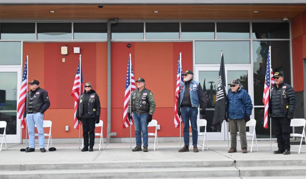 Sequim Gazette photo by Michael Dashiell / American Legion riders honor veterans at a special Veterans Day Ceremony at the Sequim Civic Center plaza on Nov. 11.