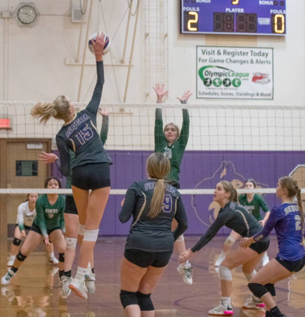 Sequim Gazette photo by Emily Matthiessen / Sequims Kendall Hastings (15) looks to hit past the block of Port Angeles Jasmine Messinger in an Olympic League tournament game on Nov. 3 in Sequim. The host Wolves topped PAs Roughriders in three games.