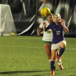 Sequim Gazette photo by Michael Dashiell / Sequim defender Kaia Lestage, right, looks to control the ball with Clover Parks Selena Corona Hernandez nearby, in the Wolves 2-0 West Central District tourney opening win on Nov. 1 in Port Angeles.