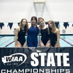 Submitted photo
Sequim Highs 4x400 relay team  from left, Annie Ellefson, Melia Nelson, Natalie Cross and Hiilei Robinson  celebrate a 13th place finish at the state 1A/2A swimming and diving championships last week in Federal Way.