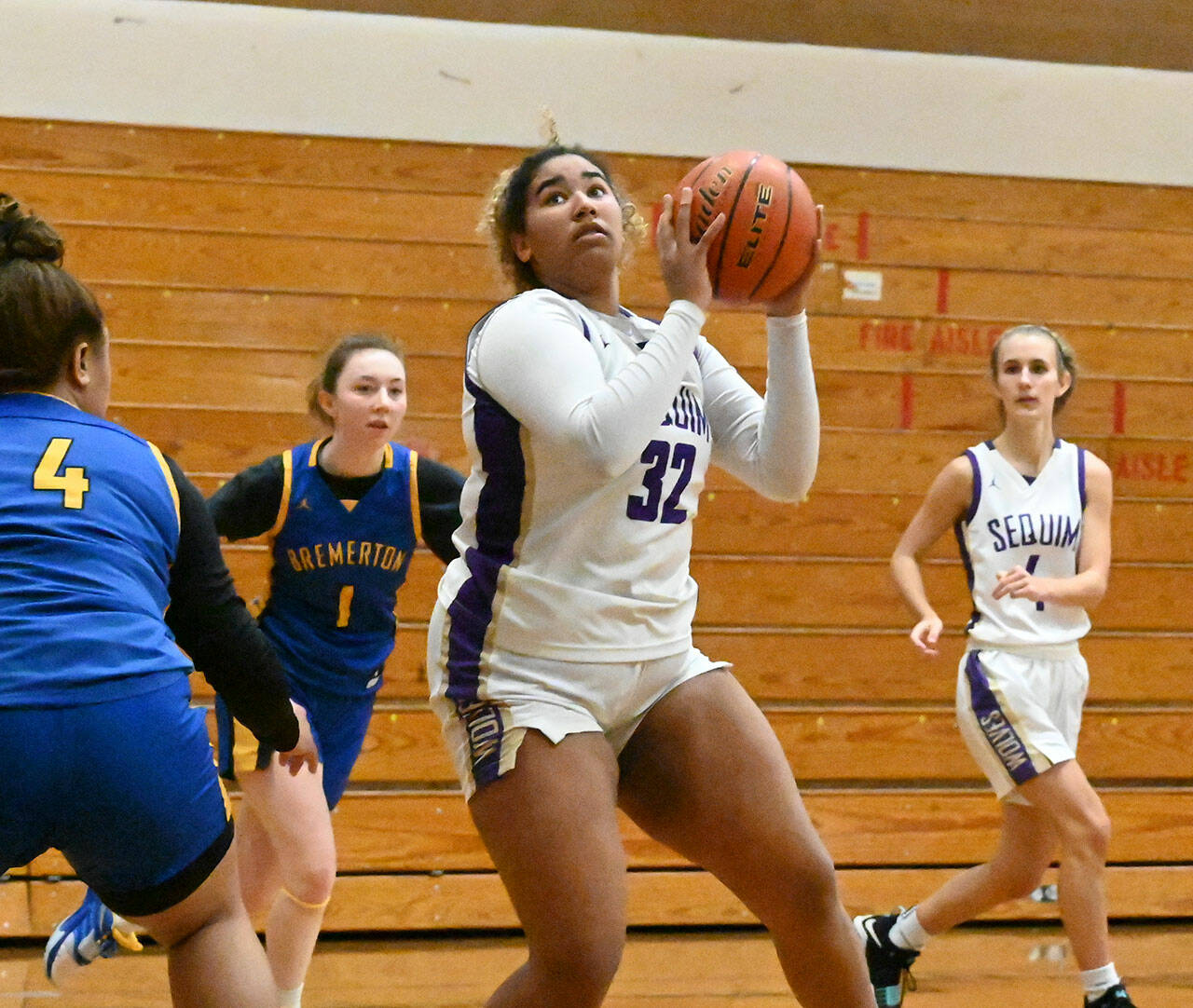 Sequim Gazette file photo by Michael Dashiell
Sequims Jelissa Julmist looks to put up a shot in the Wolves 71-46 win over Bremerton last season.