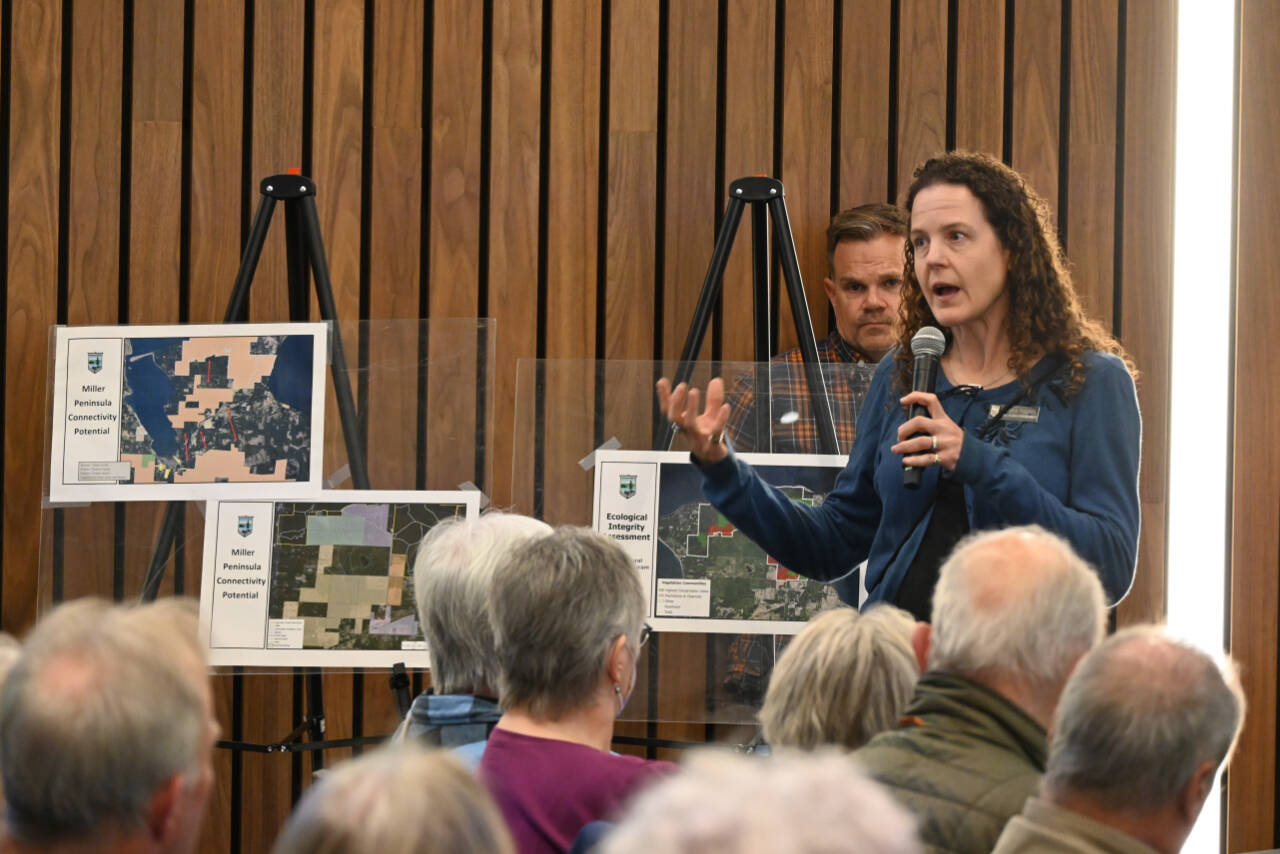 Sequim Gazette file photo by Michael Dashiell / Andrea Thorpe, Natural Resources Program Manager with Washington State Parks and Recreation Commission, speaks at an Oct. 18 meeting regarding possible development of Miller Peninsula State Park.