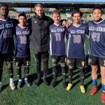 Photo courtesy of Peninsula College / The Peninsula College North All Stars soccer players compete in the Northwest Athletic Conference all-star game at the Starfire Soccer Complexin Tukwila on Nov. 13. From left, Dylan Pauw, Fernando Tavares, coach Jake Hughes, Tim Deser, Pau Vivas Ayala and Shu Kato.