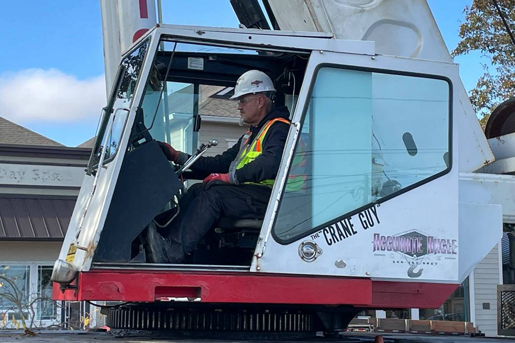 Sequim Gazette photo by Matthew Nash/ Dan Goettling with Accurate Angle Crane focuses on placing the downtown Sequim Christmas tree into position on Nov. 15.
