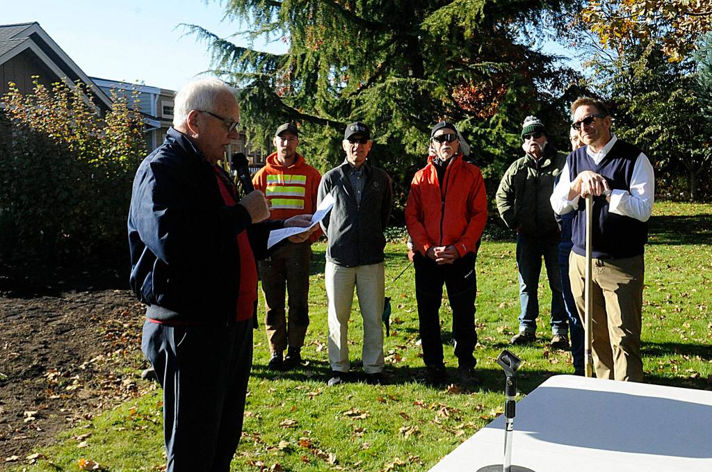 Sequim Gazette photo by Matthew Nash/ Mayor Tom Ferrell reads a proclamation recognizing Nov. 18 as the City of Sequims Arbor Day.