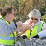Sequim Gazette photo by Matthew Nash/ Karen Hill, left, with Dungeness Community Church, and Marge Swift help Sequim Sunrise Rotary members bag bread and other items for the Family Holiday Food Bag Distribution day.