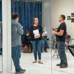 Sequim Gazette photo by Emily Matthiessen / Director Mark Lorentzen rehearses Ghostlight Productions White Christmas with Cecie McClelland, playing Betty Haynes, Jeremy Pederson playing Bob Wallace, and Anna Pederson, playing Judy Haynes.