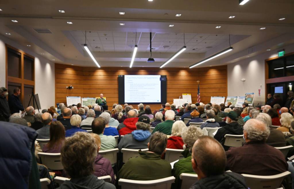 Sequim Gazette photo by Michael Dashiell More than 130 people pack the Dungeness River Nature Center conference room on Dec. 6 to hear about preliminary designs of the Dungeness Off-Channel Reservoir project.