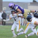 Sequim Gazette photo by Michael Dashiell
Sequims Aiden Gockerell leaps to a first down in the first half of the Wolves Olympic League opener against Bainbridge on Sept. 16.