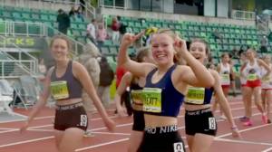 Nike video
Sequim's Riley Pyeatt celebrates with her teammates, from left, Eve Mavy, Hi'ilei Robinson and Bloomenrader after winning the women's 4x400 emerging athlete championship at the Nike Nationals held in Autzen Stadium in Eugene, Ore., this weekend.