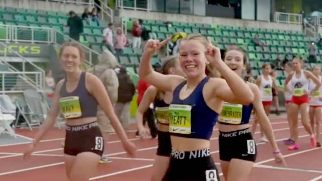 Nike video / Sequims Riley Pyeatt celebrates with her teammates, from left, Eve Mavy, Hiilei Robinson and Bloomenrader after winning the womens 4x400 emerging athlete championship at the Nike Nationals held in Autzen Stadium in Eugene, Ore., this weekend.