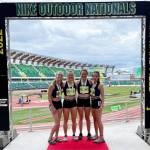 Sequim TC members (from left) Hiilei Robinson, Riley Pyeatt, Eve Mavy and Kaitlyn Bloomenrader celebrate a Emerging Elite championship at the 2022 Nike Outdoor Nationals at the University of Oregons Hayward Field in Eugene, Ore., on June 18. Submitted photo