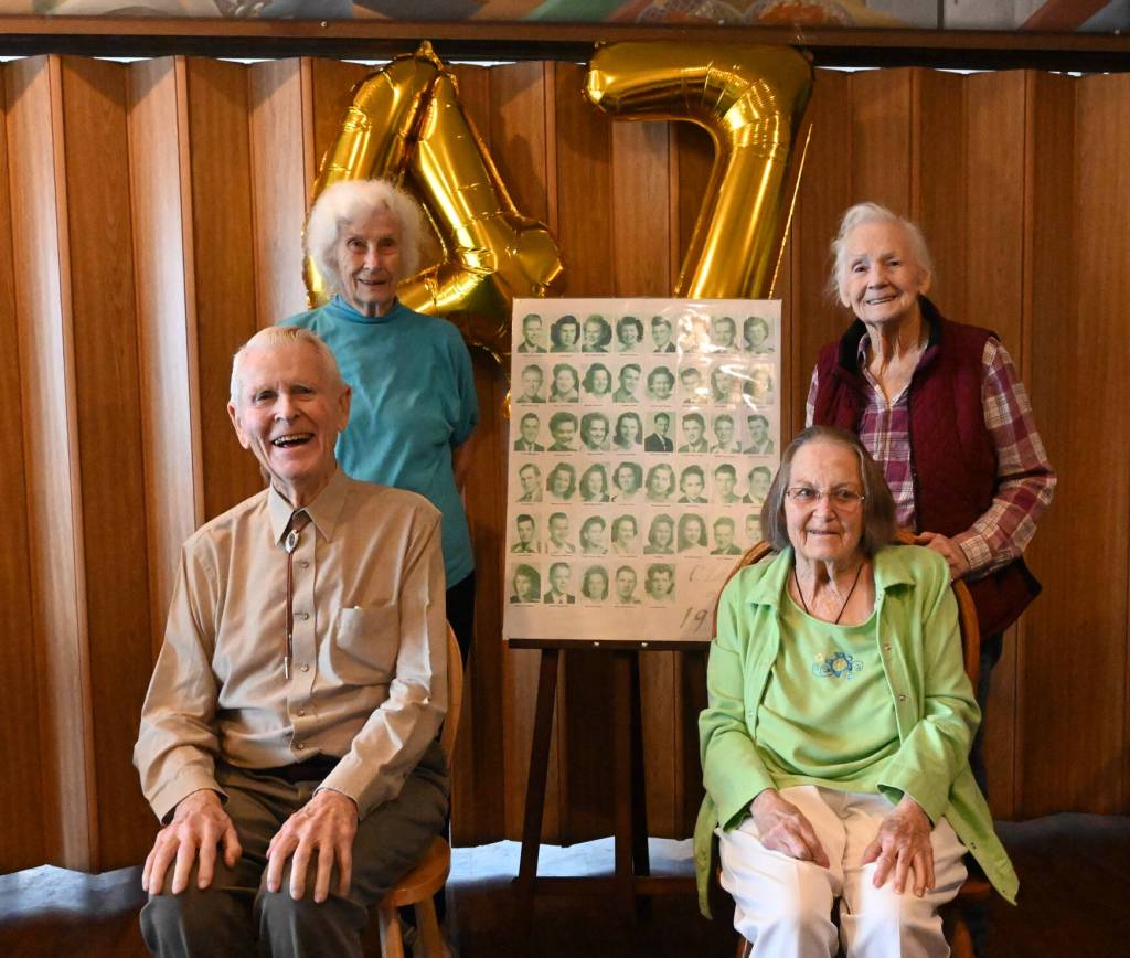 Sequim Gazette photo by Michael Dashiell / Four members of the Sequim High School Class of 1947 gather for a reunion at the Mariner Café on May 3. They include (back row, from left) Mary Ellen (Dryke) Pogue and Ramona (Heaton) Robb, with (front row, from left) Robert Clark and Dorothy (Daniels) Ludke.