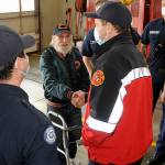 Sequim Gazette photo by Matthew Nash / Gregg Vella meets with Clallam County Fire District 3 firefighters from A Shift on March 1, a few weeks after they worked together to pull him from a house fire. Firefighters said the rescue was likely a once-in-a-career opportunity for many of them.