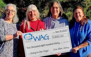 Submitted photo / Artists from Sequim’s Blue Whole Gallery recently donated their October art sale proceeds to Welfare for Animals Guild (WAG). Pictured, from left, are gallery president Janet Picolla, WAG president, gallery artist Sheri Whetstine and WAG Ranch Manager Mel Marshall.