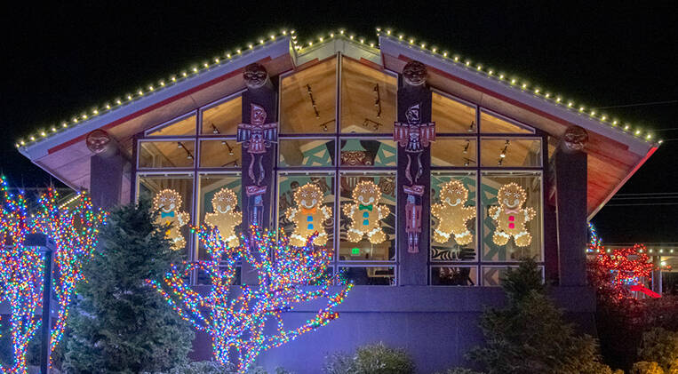 Sequim Gazette photoS by Emily Matthiessen
The Jamestown SKlallam Tribes Blyn campus buildings (above) and trees (below right)feature colorful festival lights and characters.