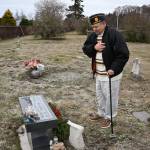 SEQUIM GAZETTE PHOTOS BY MICHAEL DASHIELL
Veteran Victor Knickerbocker pays tribute to his uncle Dale Cope at the Jamestown SKlallam Tribal Cemetery on Dec. 19.