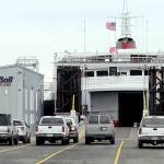 The ferry MV Coho sits in Port Angeles on Wednesday during its annual hiatus from service for maintenance. (Keith Thorpe/Peninsula Daily News)