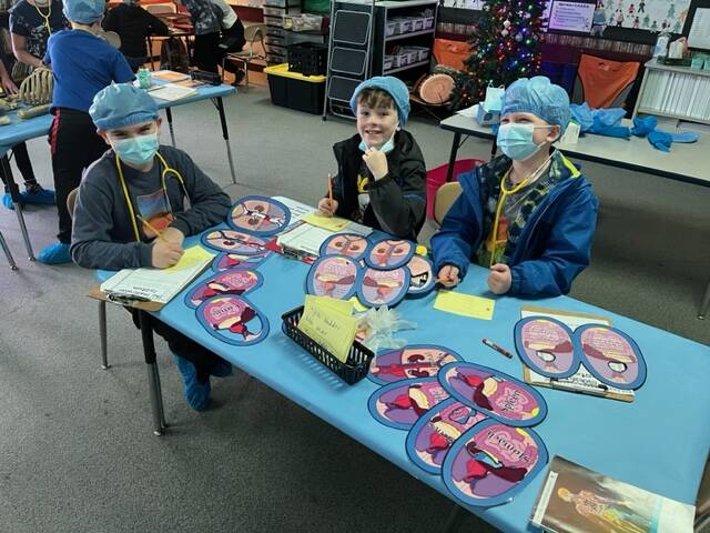 Submitted photos 
Greywolf Elementary students Winter Radcliff, Donavan Dahlquist and Mason Henderson take part in the in the Human Body Unit, joining classmates from Taleah Burrs and Caryn Littles third-grade classes.