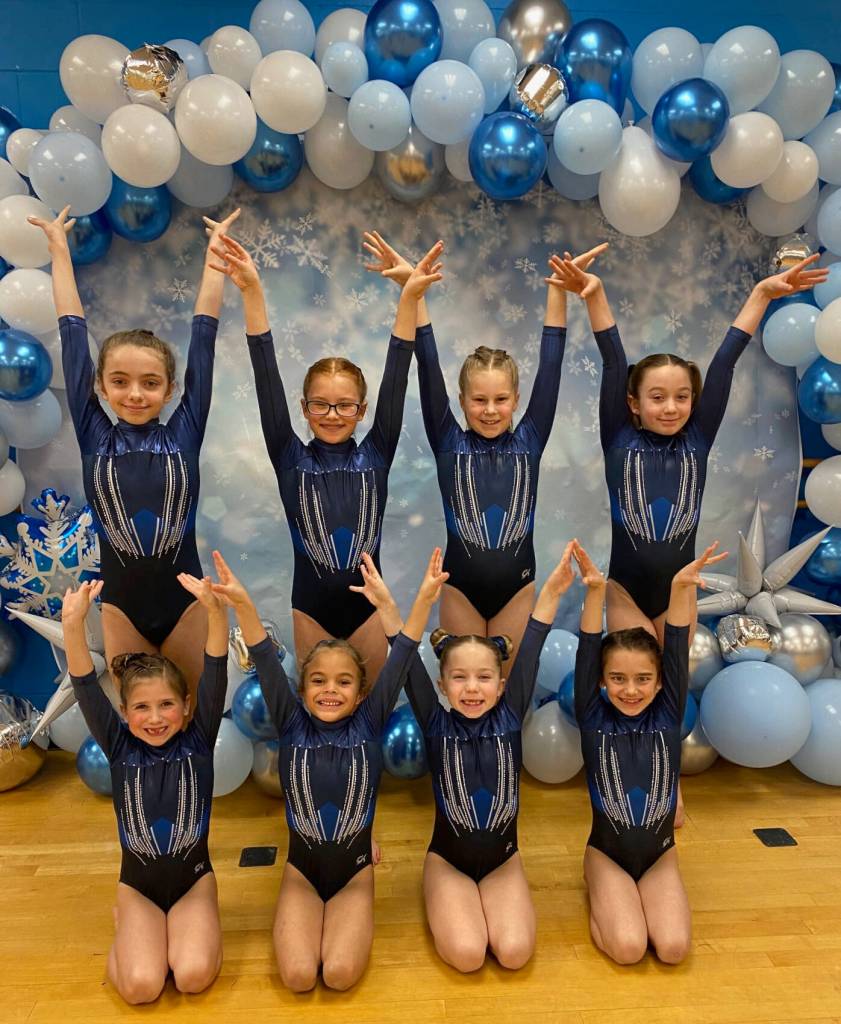 Submitted photo 
Klahhane Gymnastics Bronze Team members celebrate a first place finish at the Snowball Classic in Lakewood on Jan.7. Pictured are (back row, from left) Raeleigh Thomason, Harper Waterkotte, Morgan Smith and Lainey DePiro, with (front row, from left) Charlotte Nevill, CarlyMae Riggs, Mckinlee Thomason and Paytynn Lindley.