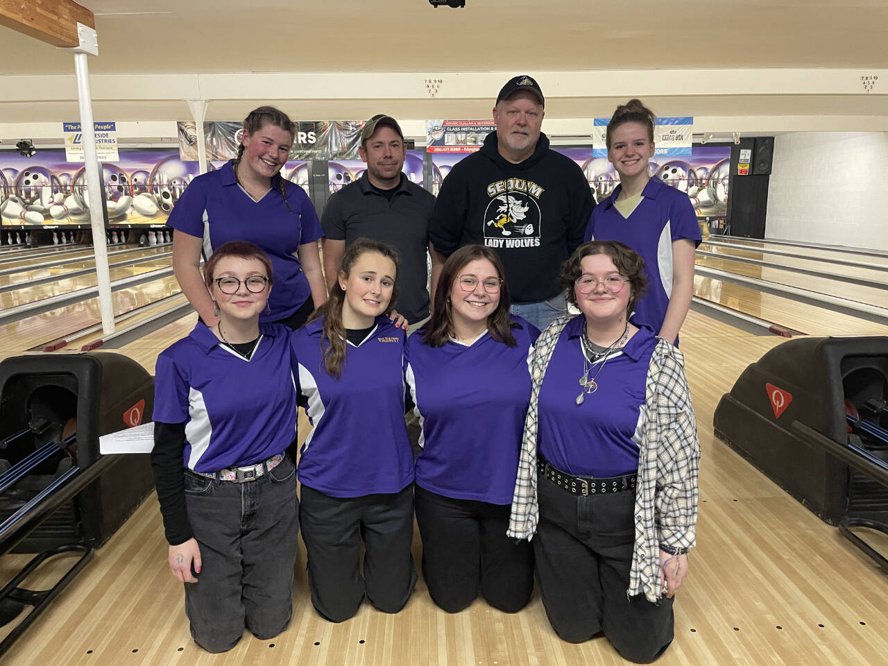 Submitted photo
Sequim Highs bowling squad heading to sub-districts includes (top row, from left) Skylar Krzyworz, assistant coach Jason Kelly, head coach Randy Perry and Jovi Weller, with (front row, from left) Kimberly Heintz, Nikoline Updike, Morgan Kayser and Tilly Lundstrom.