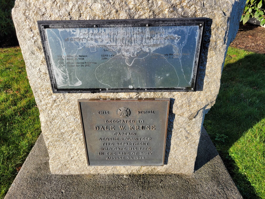 Sequim gazette photo by Michael Dashiell / A plaque at Fire District 3s North Fifth Avenue station marks the sacrifice of Dale Kruse, a Sequim volunteer firefighter who lost his life in the line of duty in 1978.