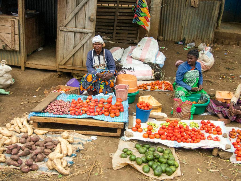 Vendors offer their products at a street market in the Ankarana area in Madagascar.