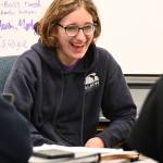 Sequim High student Georgia Bullard shares a lighthearted moment with fellow Mock Trial club members during a practice last week.